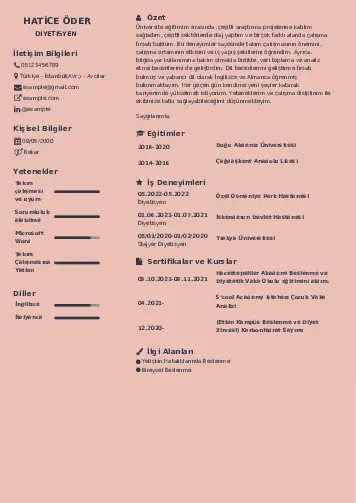 Beslenme Uzmanı Diyetisyen CV Örnekleri cv indir